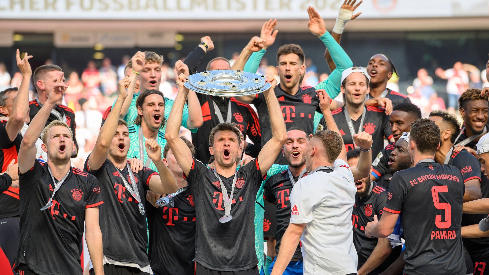 Award ceremony, jubilation Thomas MUELLER (Muller, M) with the championship trophy, cup, football 1st Bundesliga, 34th matchday, FC Cologne (K) - FC Bayern Munich (M) 1: 2, on May 27th, 2023 in Koeln/ Germany.