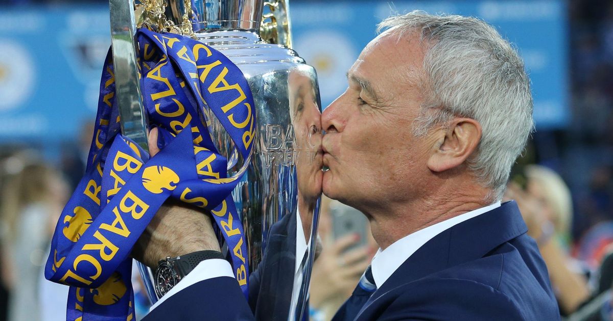 Leicester City manager Claudio Ranieri with the Premier League trophy at the King Power Stadium, Leicester, May 2016.