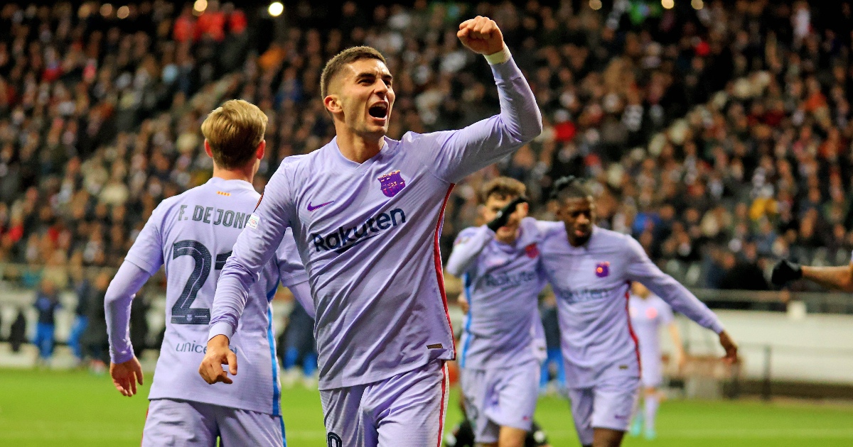 Barcelona's Ferran Torres celebrates scoring against Eintracht Frankfurt at the Deutsche Bank Park, Frankfurt, Germany, April 7 2022