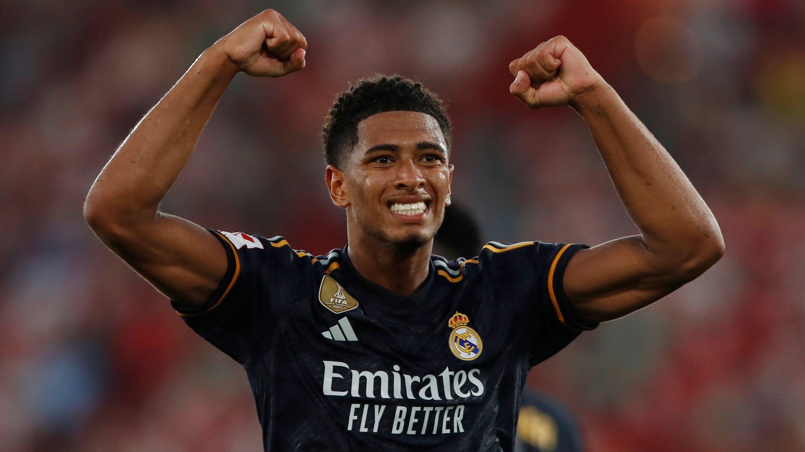 Real Madrid's Jude Bellingham celebrates after scoring his side's second goal during a Spanish La Liga soccer match between Almeria and Real Madrid at the Power Horse Stadium in Almeria, Spain, Saturday, Aug. 19, 2023.