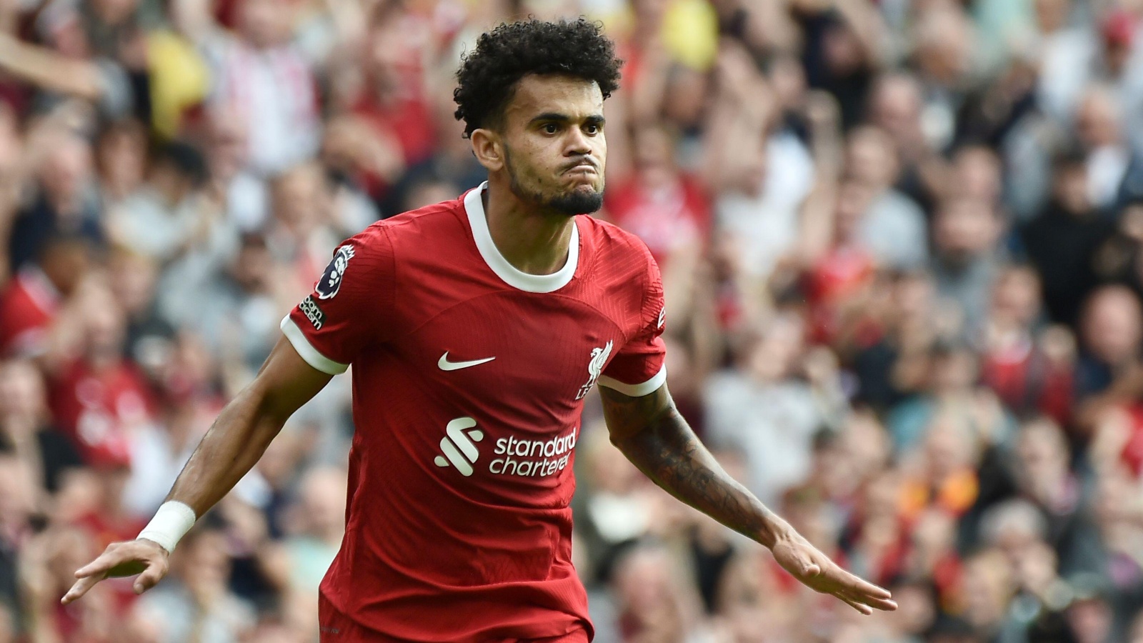 Luis Diaz during the Premier League match between Liverpool and Bournemouth at Anfield, Liverpool, August 2023.