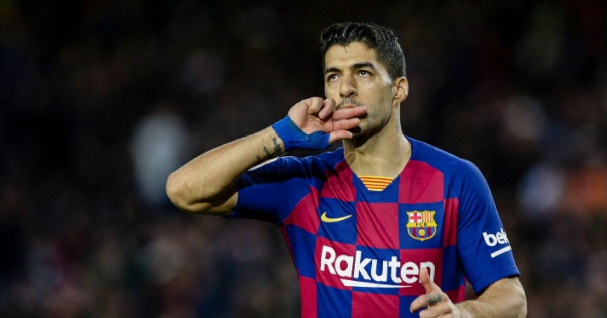 Uruguay international Luis Suarez celebrates scoring for FC Barcelona