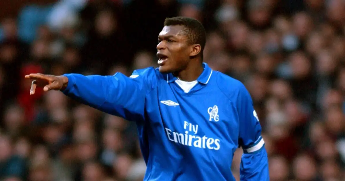 Marcel Desailly points and shouts during a Chelsea away game against Aston Villa in February 2002.