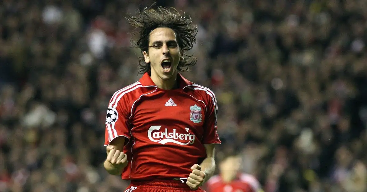 Liverpool's Yossi Benayoun celebrates his hat-trick during the UEFA Champions League match at Anfield, Liverpool. 06 November 2007.