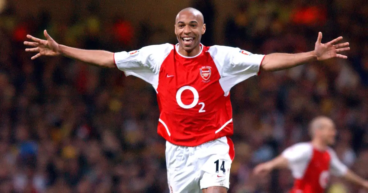 Arsenal striker Thierry Henry celebrates against Southampton in Cardiff, Wales, May 2003.