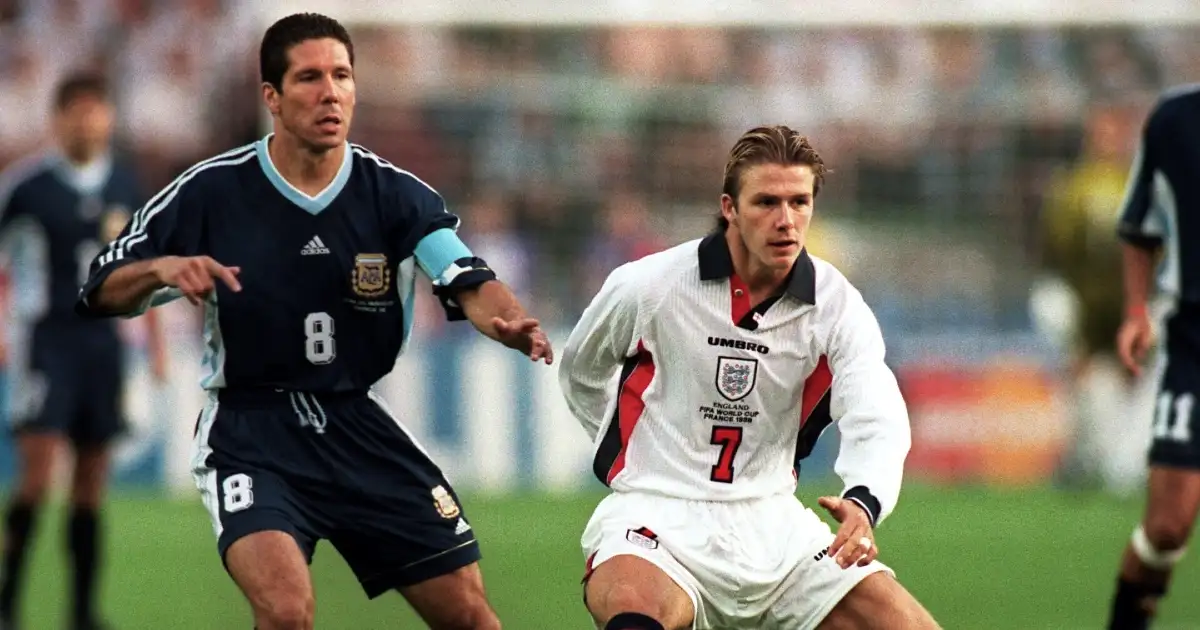 England's David Beckham (right) battles with Argentina's Diego Simeone (left) for the ball at the 1998 World Cup. Stade Geoffroy-Guichard, June 1998.