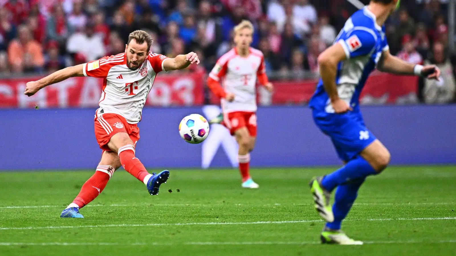 Bayern's Harry Kane scores his side's fifth goal during the German Bundesliga soccer match between Bayern Munich and SV Darmstadt 98 at the Allianz Arena in Munich, Germany, Saturday, Oct. 28, 2023.