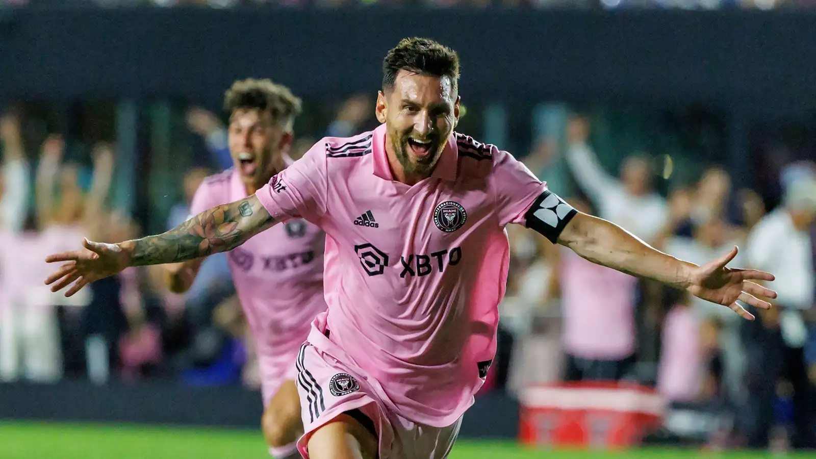 Inter Miami forward Lionel Messi celebrates after scoring the go ahead goal during the second half of a Leagues Cup group stage match against Cruz Azul Stadium on Friday, July 21, 2023, in Fort Lauderdale, Fla.