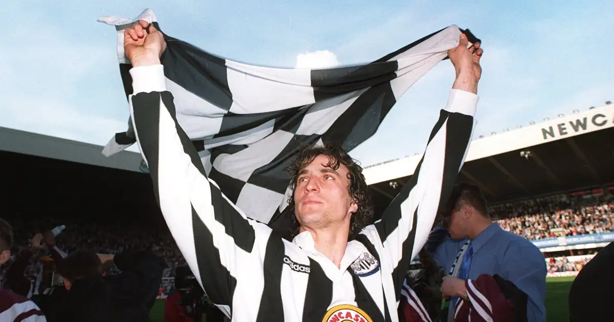 David Ginola holds a Newcastle flag, St. James Park, Newcastle upon Tyne, 05 May 1996