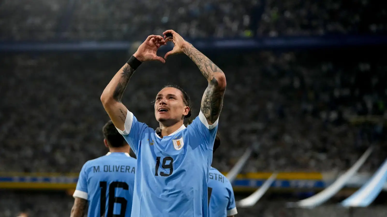 Uruguay's Darwin Nunez celebrates scoring his side's second goal against Argentina during a qualifying soccer match for the FIFA World Cup 2026 at La Bombonera stadium in Buenos Aires, Argentina, Thursday, Nov. 16, 2023.