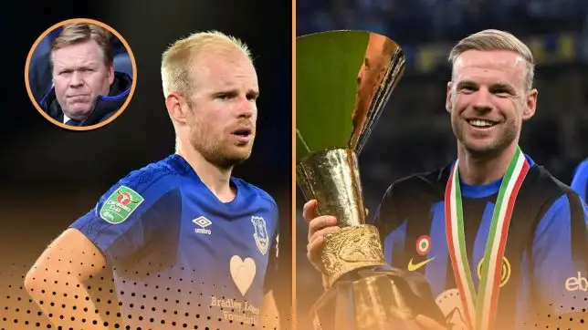 Left image: Davy Klaassen looking disappointed during his time at Everton. Right image: Davy Klaassen celebrating winning the Serie A Scudetto trophy with Inter. Inset: Ronald Koeman during his time at Everton.
