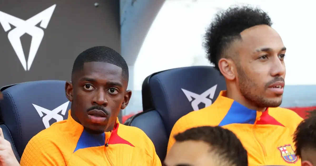 Ousmane Dembele and Pierre-Emerick Aubameyang during the match between FC Barcelona and Club Atletico de Madrid, at the Camp Nou Stadium, in Barcelona, on 06th February 2022.