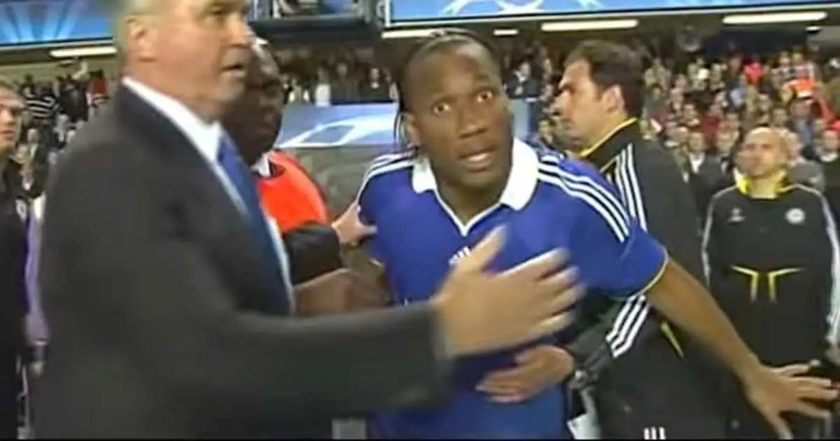 Chelsea striker Didier Drogba shouts "it's a f*cking disgrace" into the TV cameras after Chelsea 1-1 Barcelona, Stamford Bridge, London, 06 May 2009