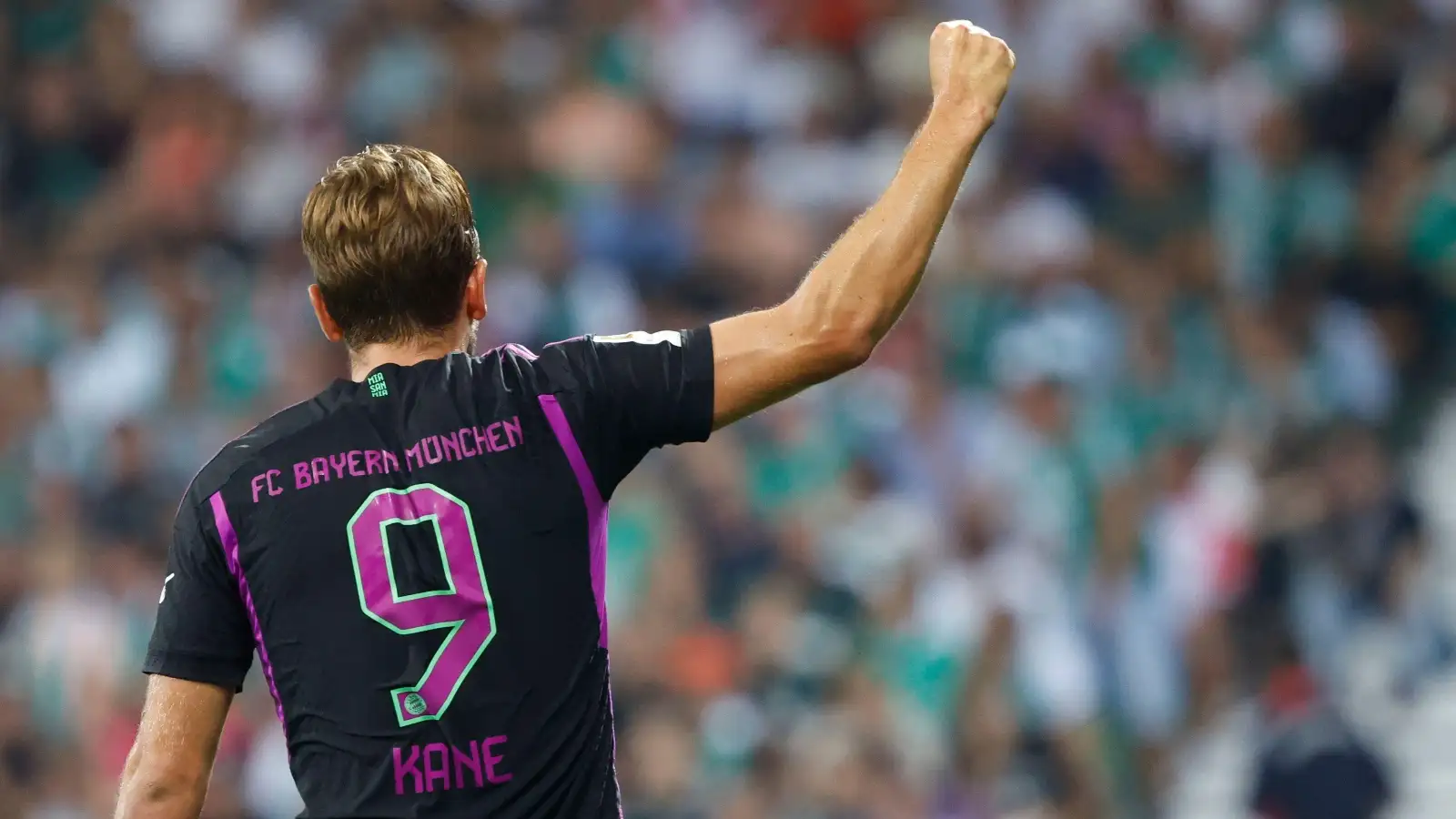 Harry Kane celebrates scoring for Bayern Munich in their Bundesliga match against Werder Bremen at Weserstadion, Bremen, August 2023.