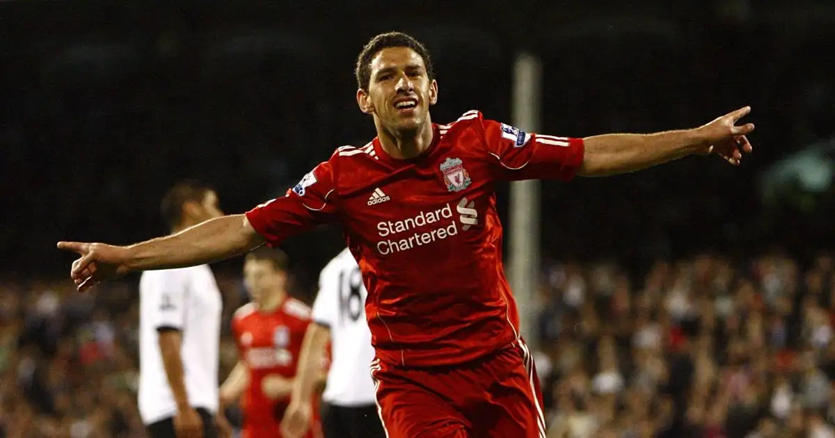 Liverpool's Maxi Rodriguez celebrates scoring against Fulham at Craven Cottage, London, May 2011.