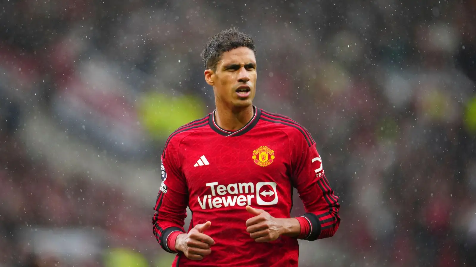 Manchester United's Raphael Varane runs on the pitch during the English Premier League soccer match between Manchester United and Crystal Palace at the Old Trafford stadium stadium in Manchester, England, Saturday, Sept. 30, 2023.