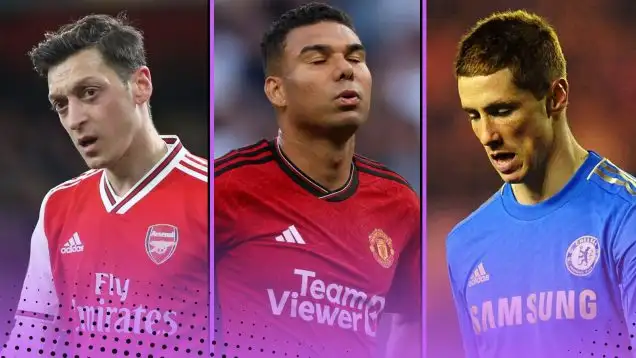 world-class Premier League footballers who suddenly fell from grace featuring (l-r) Arsenal's Mesut Ozil, Man Utd's Casemiro and Chelsea's Fernando Torres