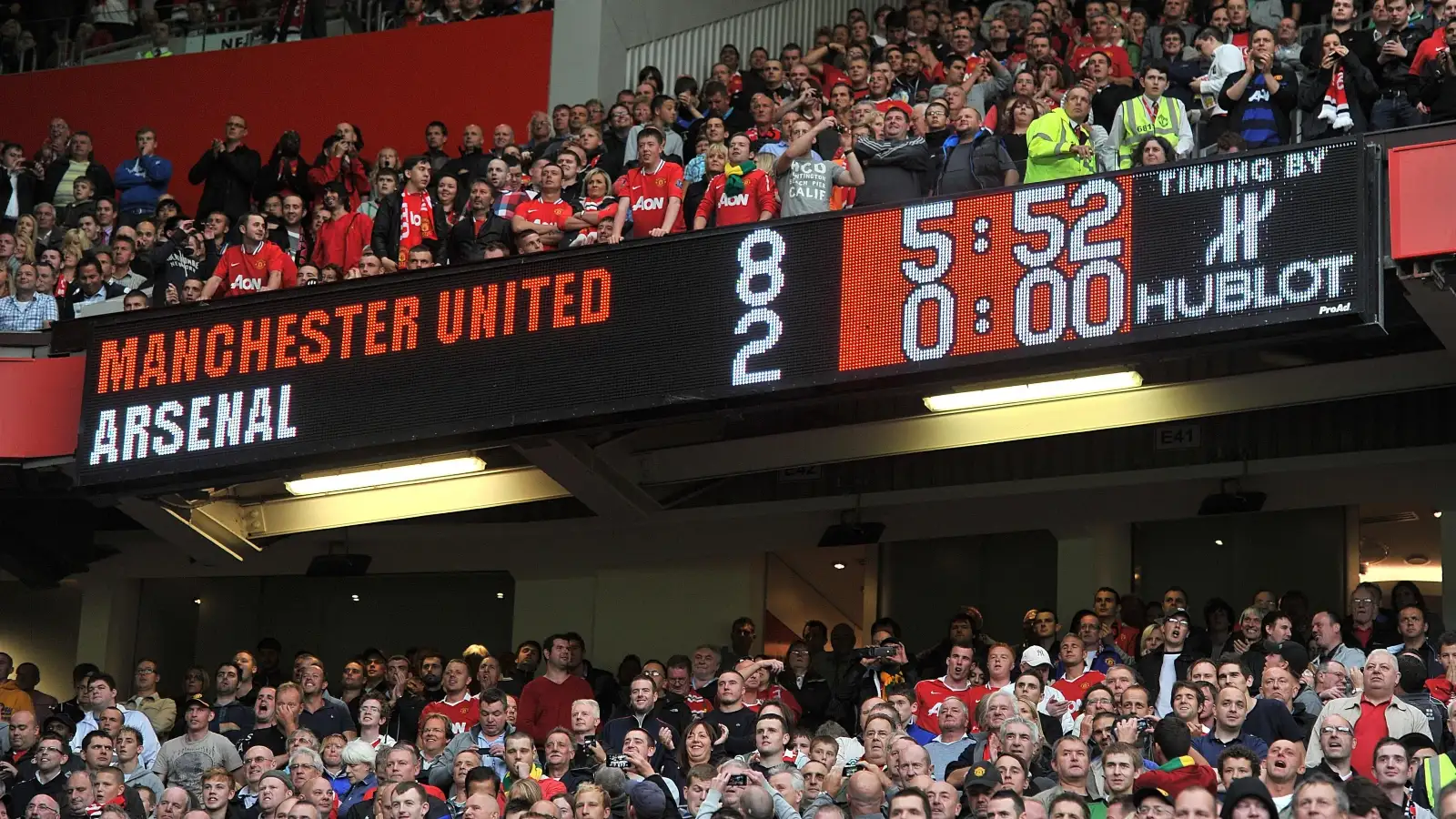 The scoreboard at Old Trafford during the Premier League match between Manchester United and Arsenal at Old Trafford, Manchester, August 2011.