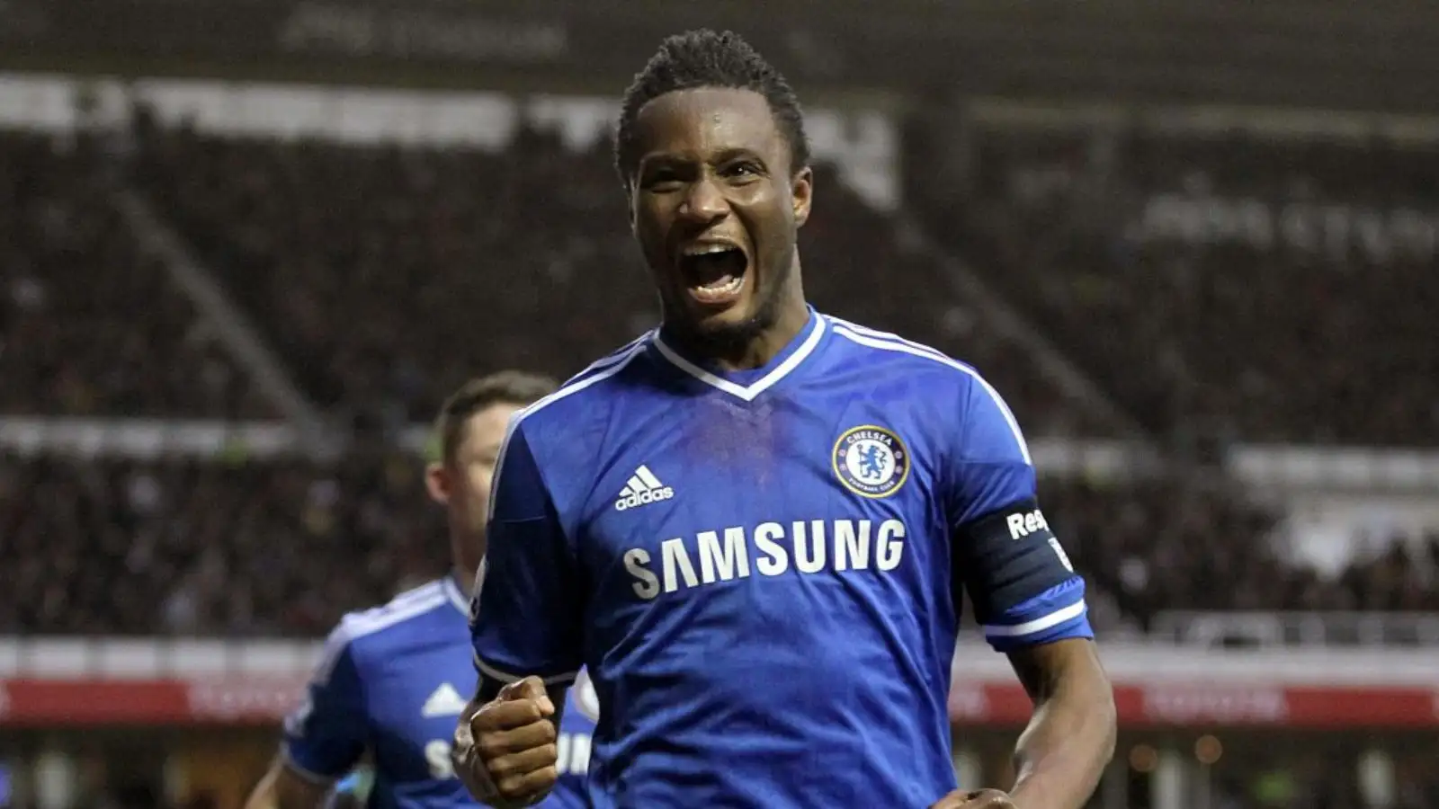 John Obi Mikel celebrates scoring for Chelsea against Derby County in the 3rd round of the FA Cup. Stamford Bridge, London, January 2014.