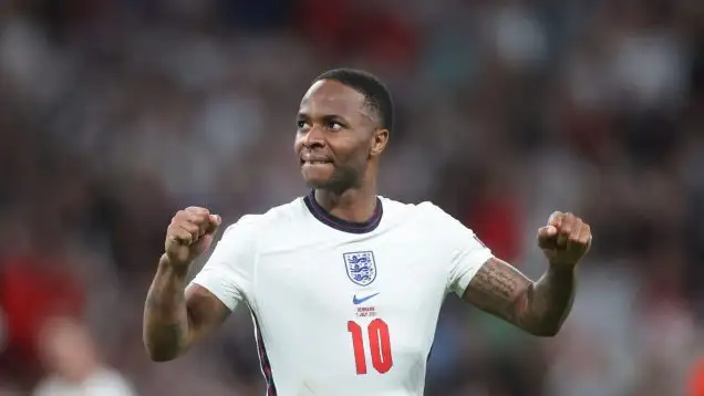 Raheem Sterling celebrates after the Euro 2020 semi-final.