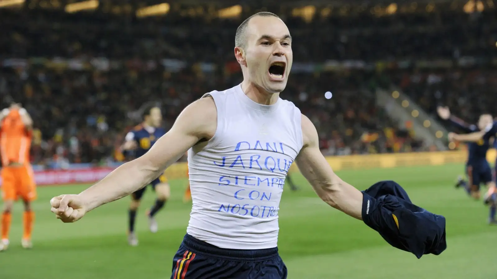 Spain midfielder Andres Iniesta celebrates the winning goal against the Netherlands in the 2010 World Cup final at Soccer City, Johannesburg, South Africa, July 2010.