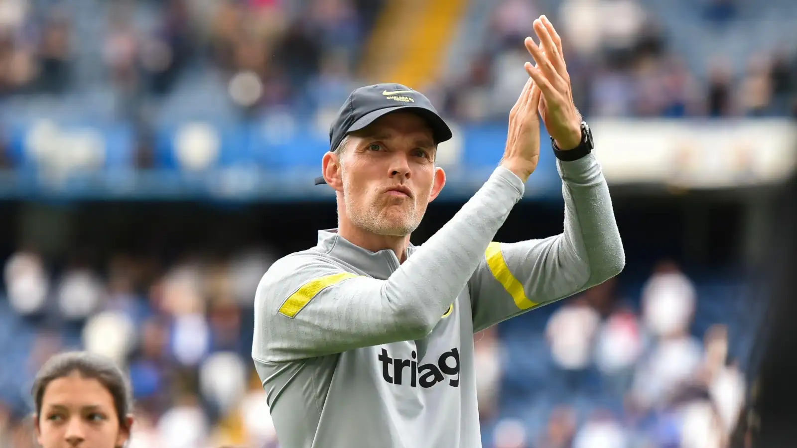 Chelsea manager Thomas Tuchel applauds the fans during the lap of honour after their Premier League victory over Watford at Stamford Bridge, London, May 2022.