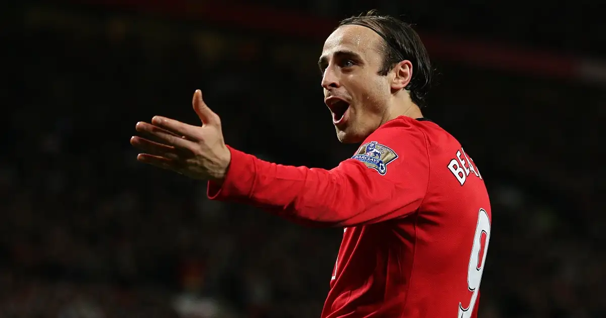 Manchester United's Dimitar Berbatov celebrates after scoring the opening goal of the game against Blackburn Rovers, Old Trafford, 31 October 2009