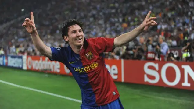 Barcelona's Lionel Messi celebrates after scoring the second goal during the UEFA Champion League Final soccer match, Barcelona FC vs Manchester United at the Stadio Olimpico in Rome, Italy on May 27, 2009.