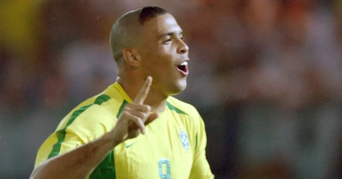 Brazil's Ronaldo after scoring against Germany in the World Cup final. Yokohama Stadium, Yokohama, Japan, June 2002.