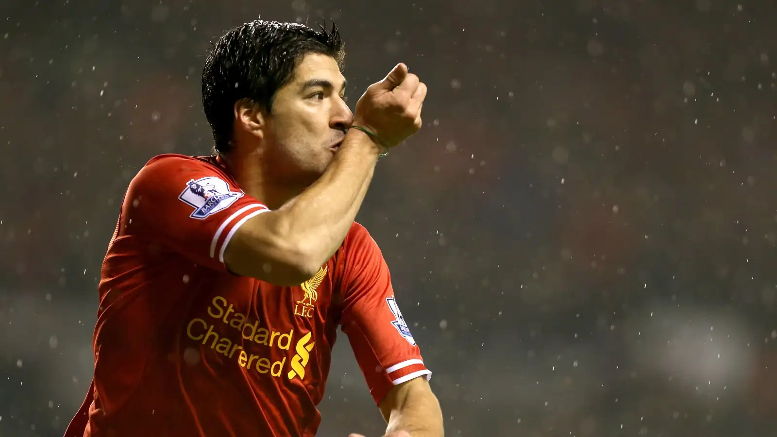 Luis Suarez celebrates after scoring during Liverpool's Premier League demolition of Everton at Anfield, Liverpool, January 2014.