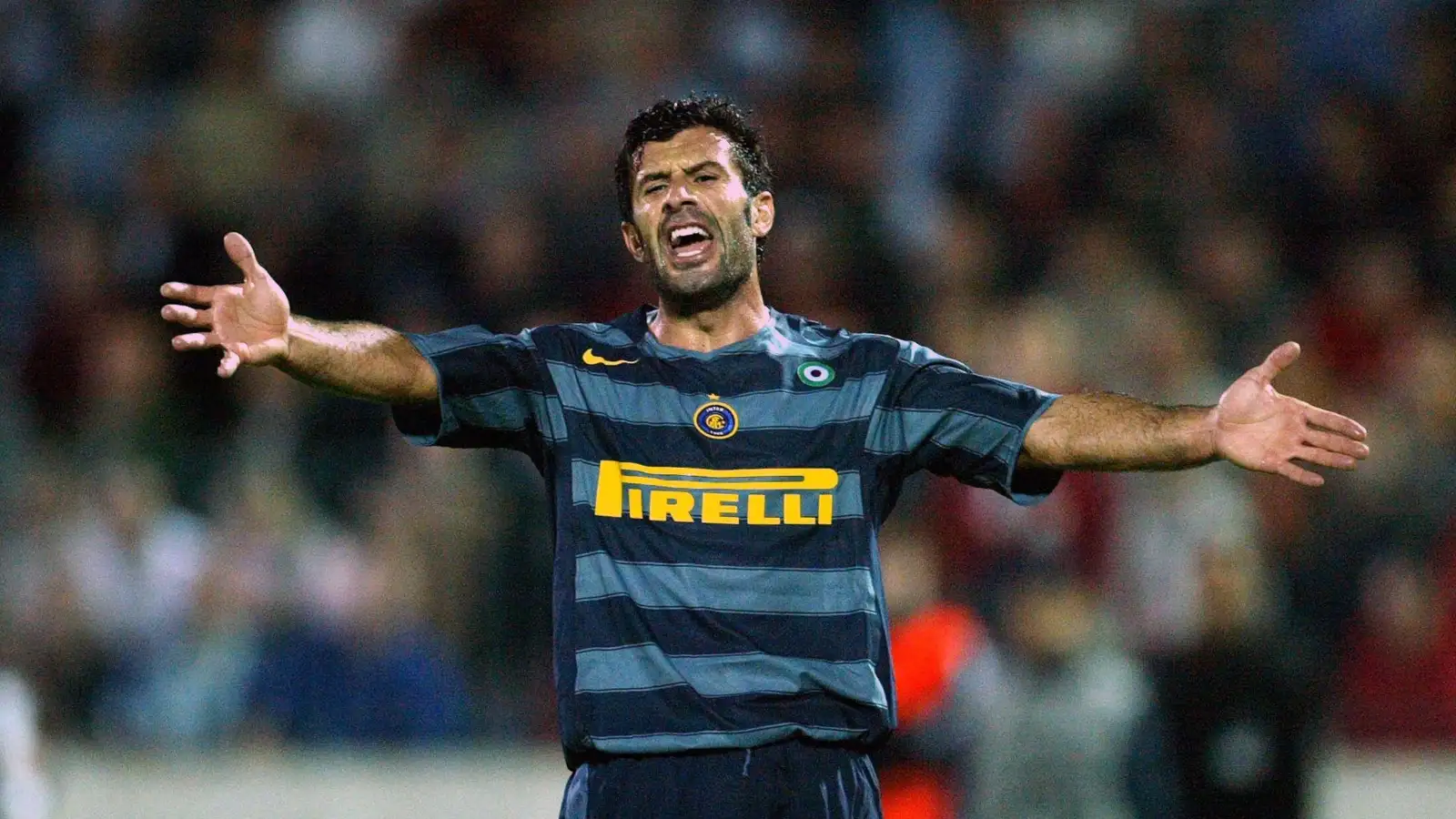 Inter Milan's Luis Figo of Portugal reacts during a Champions League Group H soccer match against Artmedia Bratislava at the Tehelne Pole stadium in Bratislava September 13, 2005. Inter Milan defeated Artmedia 1-0.