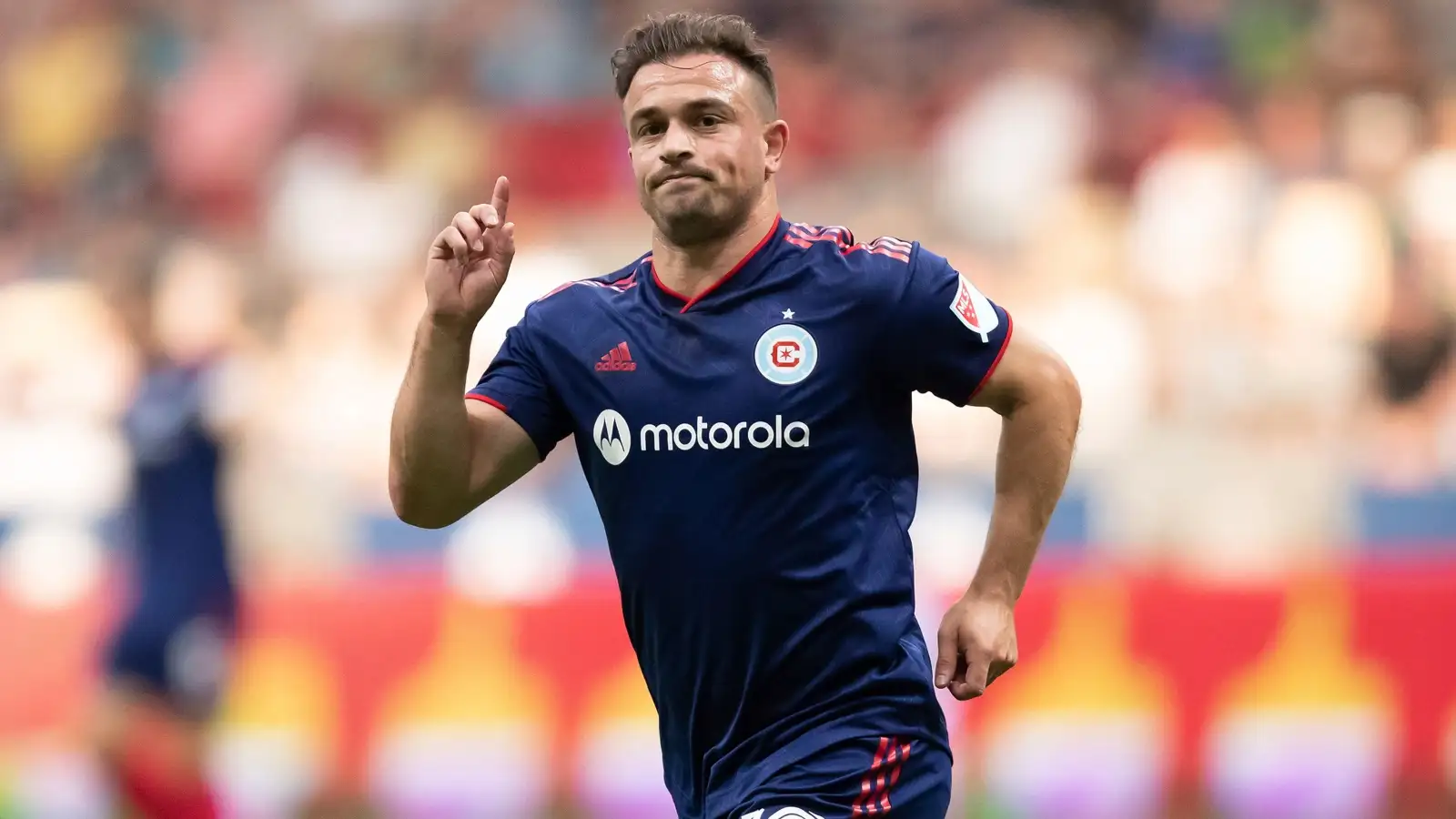 Chicago Fire's Xherdan Shaqiri celebrates his goal against the Vancouver Whitecaps during the first half of an MLS soccer match Saturday, July 23, 2022, in Vancouver, British Columbia.