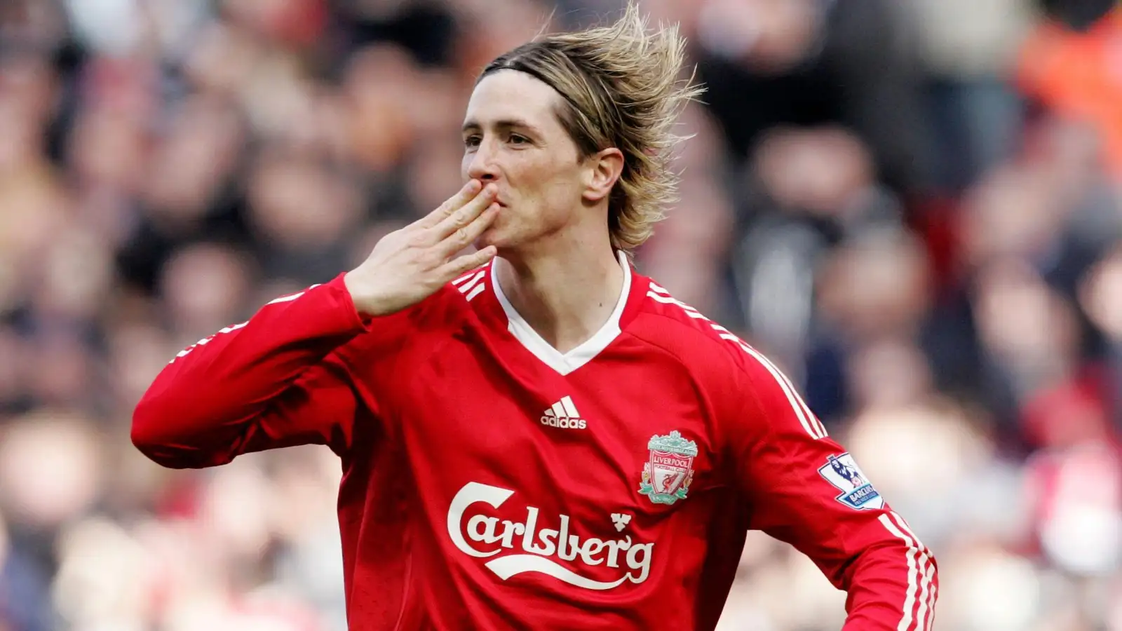 Fernando Torres celebrates scoring in the Premier League match between Liverpool and Sunderland at Anfield, Liverpool, March 2010.