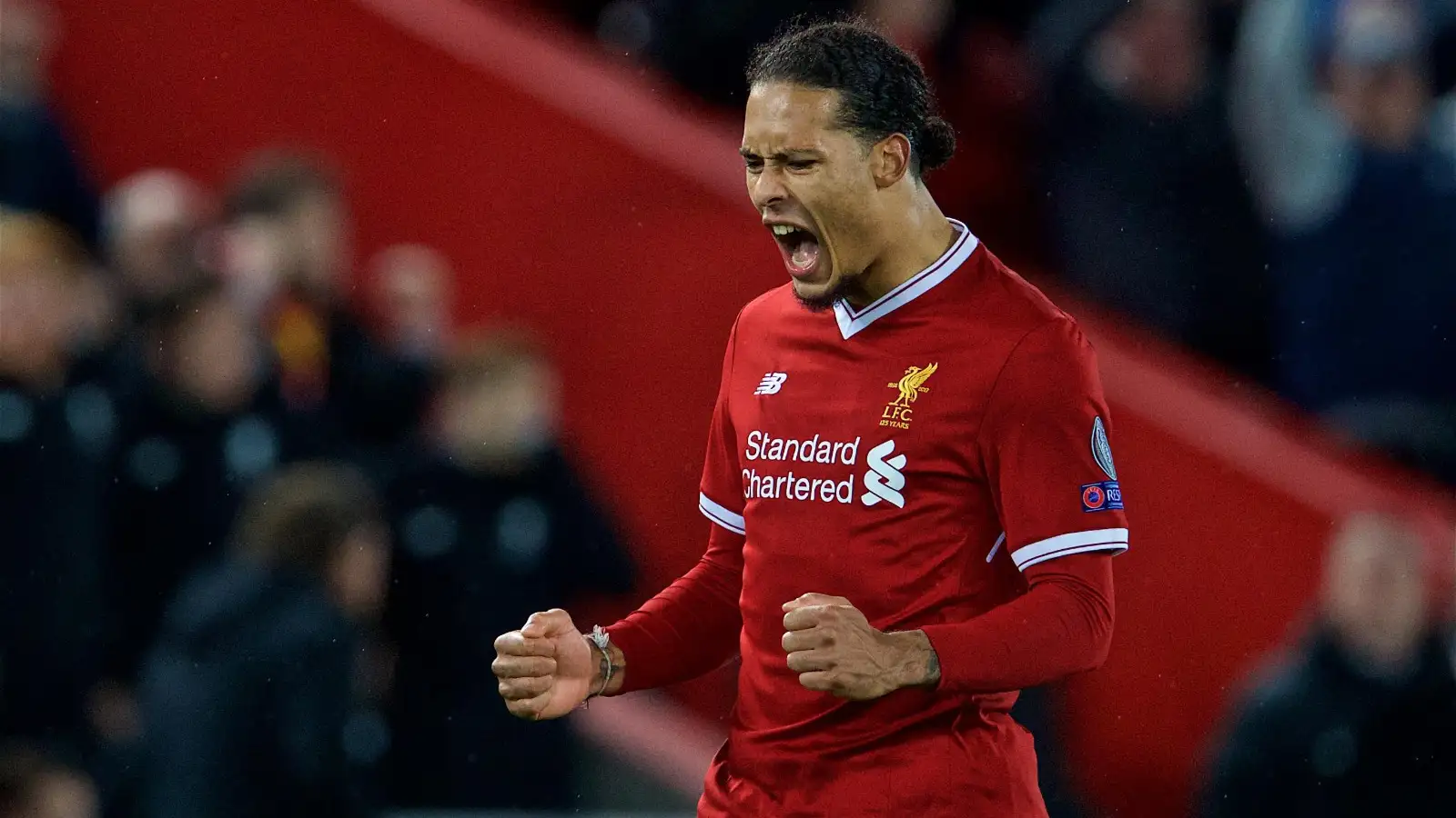 Liverpool. 4th Apr, 2018. Virgil van Dijk of Liverpool celebrates after winning the UEFA Champions League quarterfinal 1st Leg match between Liverpool and Manchester City at Anfield Stadium in Liverpool, Britain on April 4, 2018.