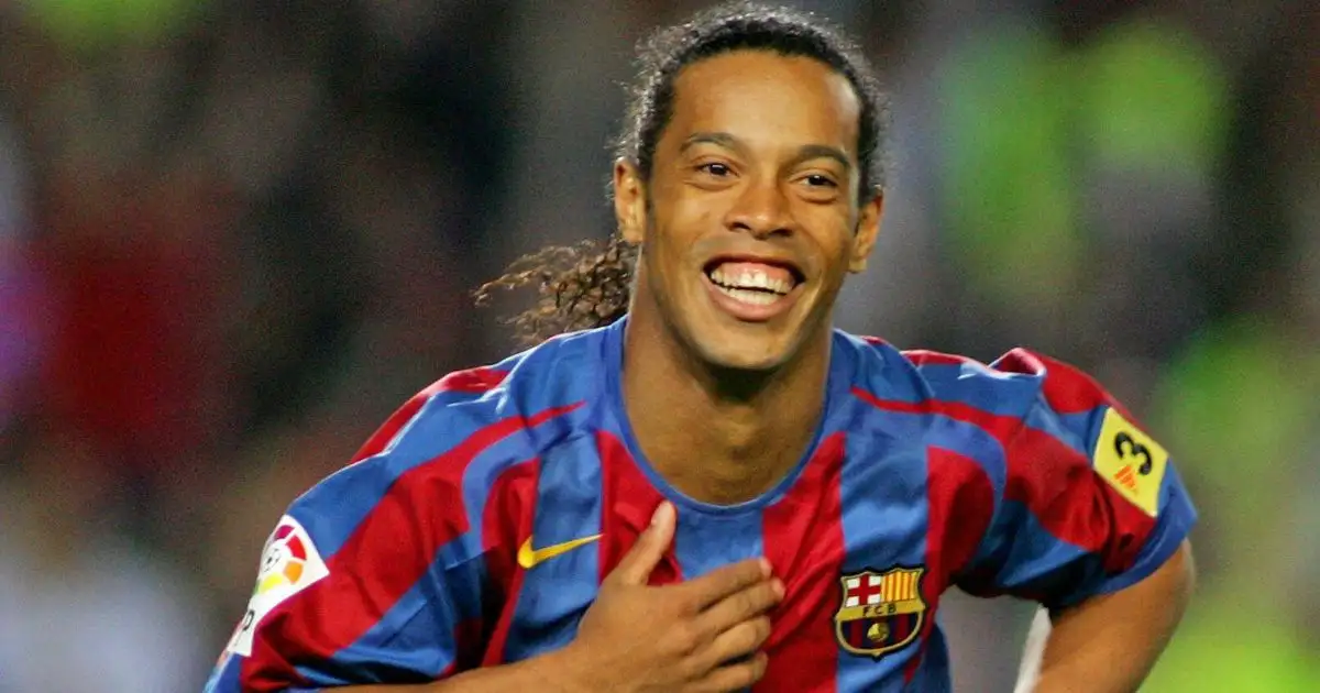 Barcelona's Ronaldinho celebrates after scoring against Espanyol at the Nou Camp stadium in Barcelona, Spain. May 6, 2006.