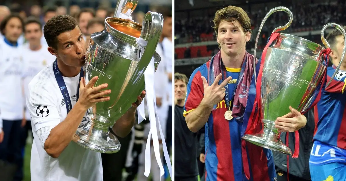 Real Madrid's Cristiano Ronaldo and Barcelona's Lionel Messi celebrate with the Champions League trophy.