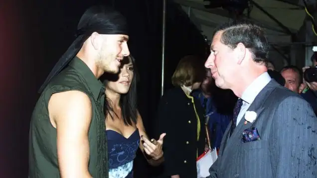 David and Victoria Beckham meet Prince Charles at the Party in the Park concert for the Prince s Trust Charity July 2000