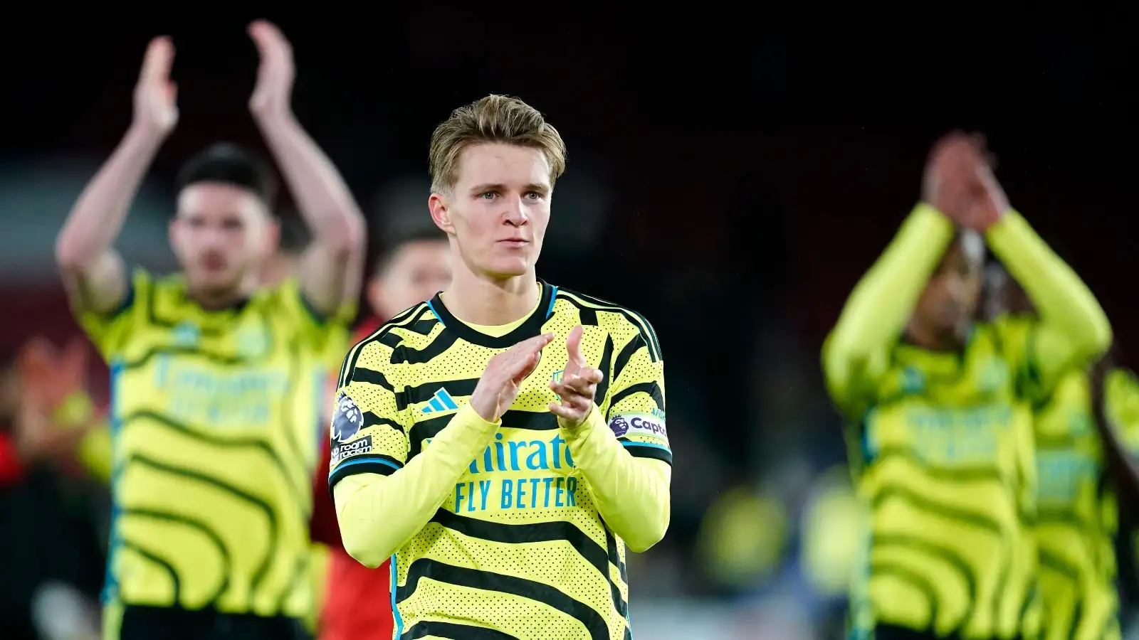 Arsenal's Martin Odegaard celebrates after their 0-6 win over Sheffield United during the Premier League match at Bramall Lane, Sheffield. Picture date: Monday March 4, 2024.