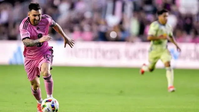 Inter Miami forward Lionel Messi dribbles the ball during the first half of an MLS soccer game against the New York Red Bulls, Saturday, May 4, 2024, in Fort Lauderdale, Fla.