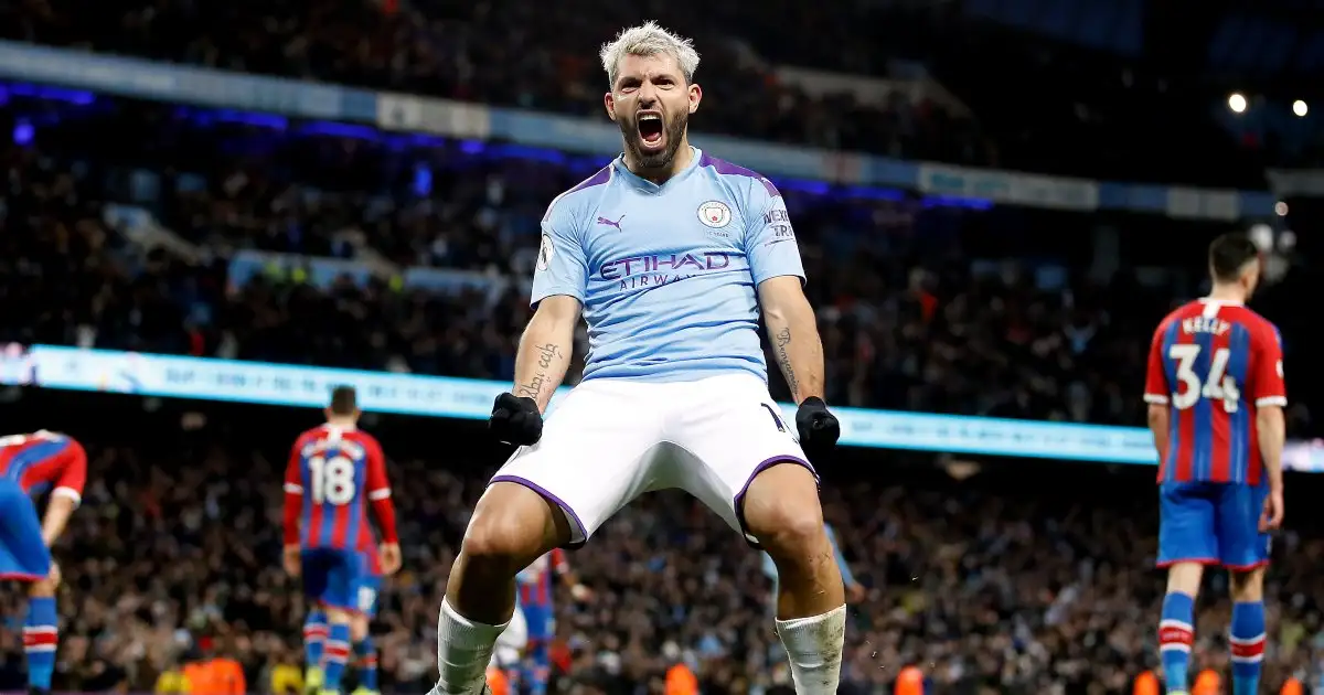 Sergio Aguero celebrates scoring for Manchester City against Crystal Palace in January 2020.